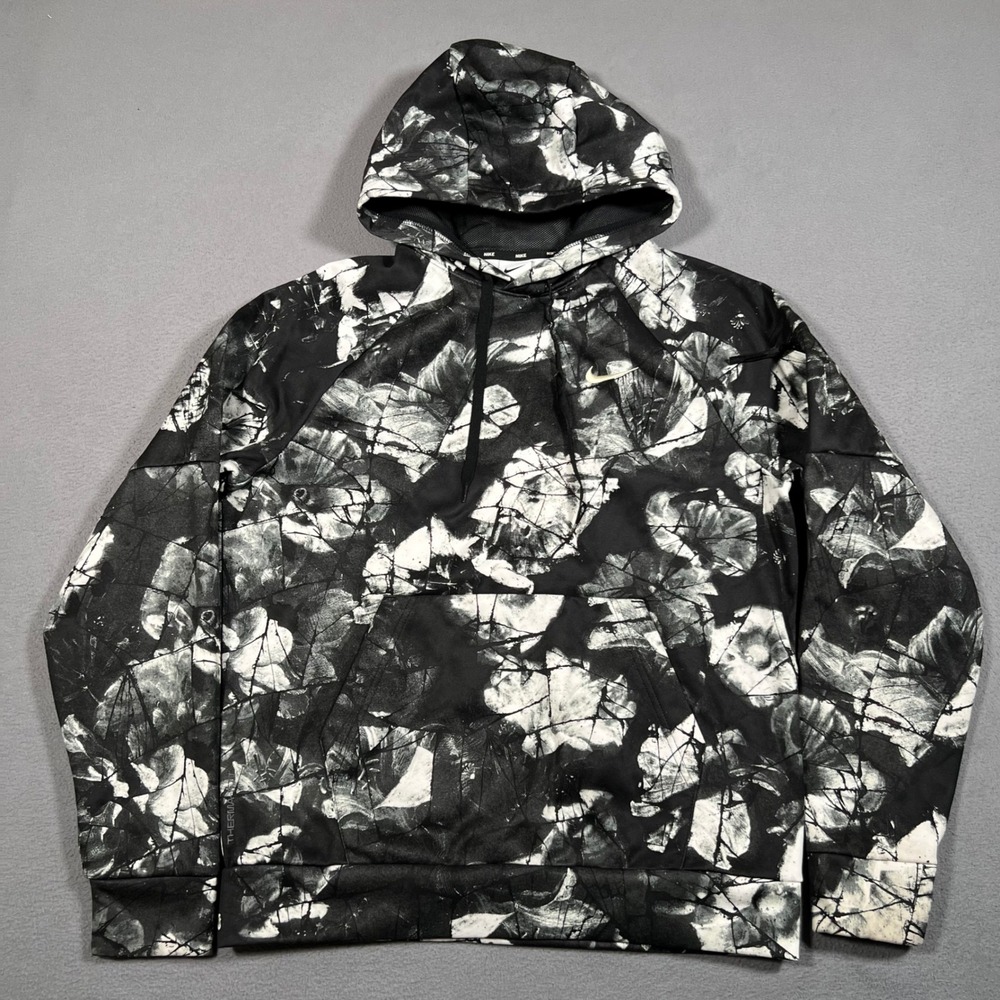 Nike Therma-FIT Hoodie Men's‎ Small Black White Floral Pullover Sweatshirt